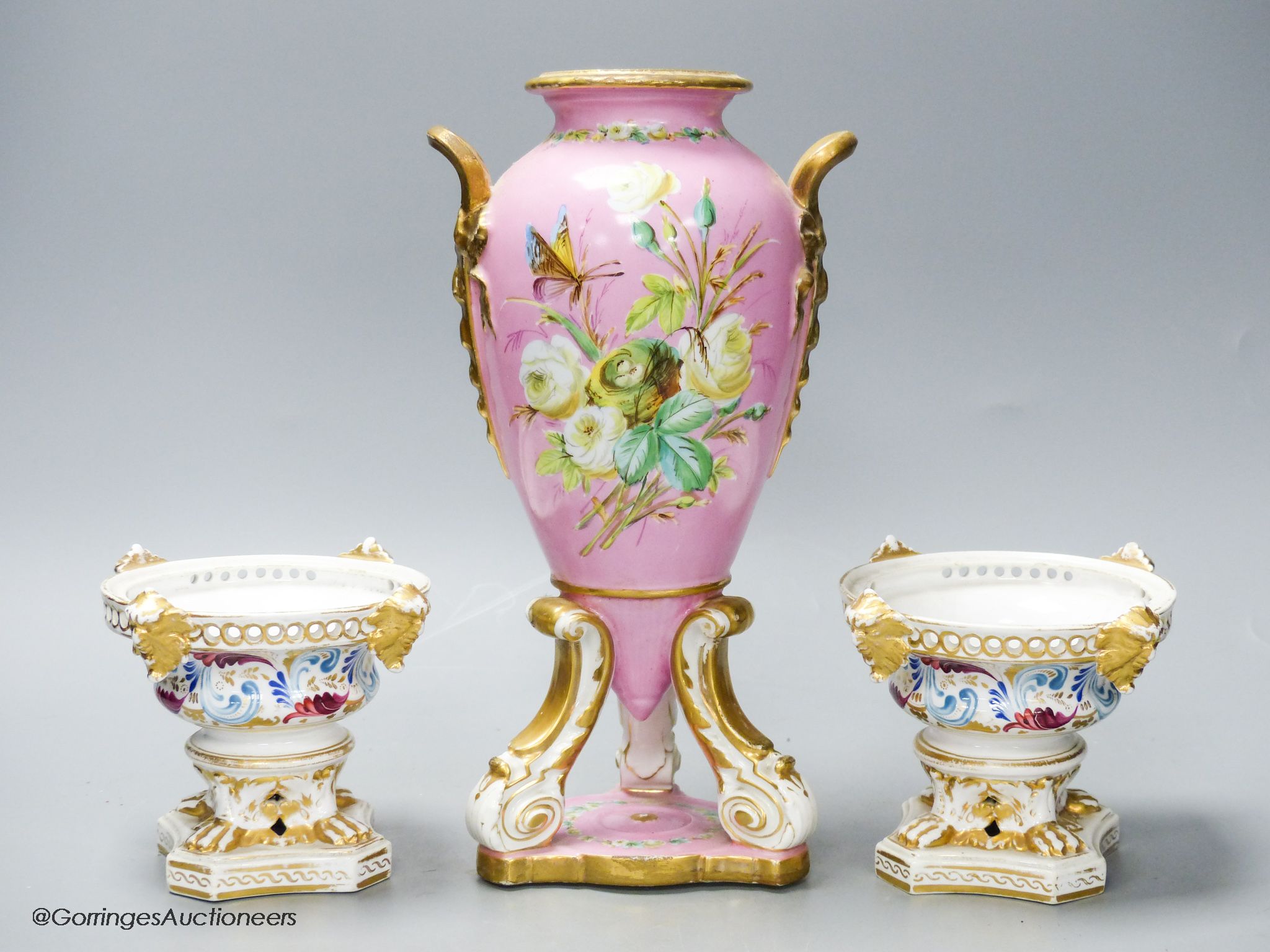 A pair of 19th century Derby pot pourri vases and a Paris porcelain pink ground vase